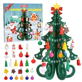 LEMESO Calendario Avvento 2025 Albero di Natale da Tavolo Piccolo Albero di Natale in Legno Calendario dell'Avvento con Miniature Pendenti Idee Regalo Natale Bambini Addobbi Natalizi