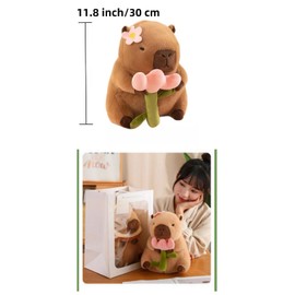 Xshelley 11.8 inch Capybara Plush Toy Pillows with Happy Birthday Hat Bow Soft Capibara Stuffed Animals Plushies Toys Kids Party Decoration Gifts (Flower Style)