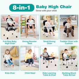 BABY JOY Baby High Chair, 8 in 1 Convertible Highchair for Babies & Toddlers | Booster Seat | Table and Chair Set | Building Block Table | Toddler Chair with Safety Harness, Removable Tray (Black)