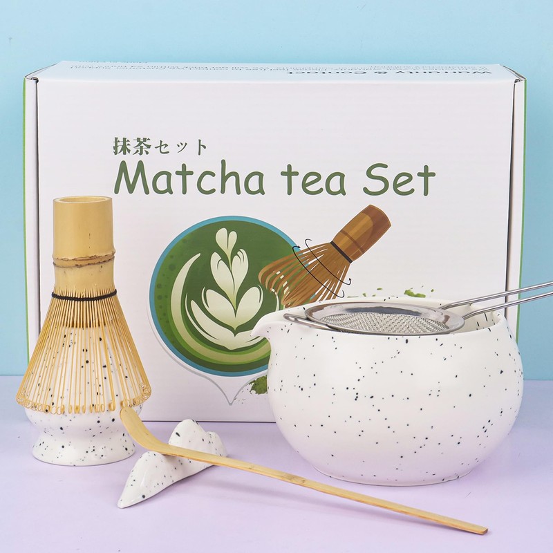 Matcha Tea Set with Whisk, Ceramic Bowl, Scoop & Holder