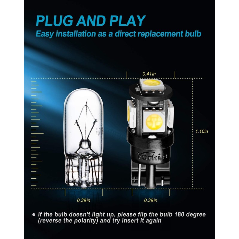 Yorkim 194 LED Bulbs White 6000k Super Bright 5th Generation,