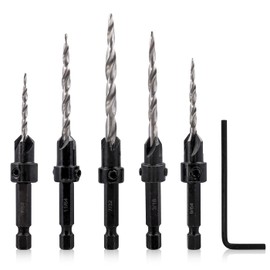 Mesee 5 Piece Countersink Drill Bit Set, High-Speed Steel Drill Set, 1/4 Inch Hex Shank HSS Drill, Reamer Core Drill with Allen Key for Wood Drilling, Plastic, Soft Metal Plastic