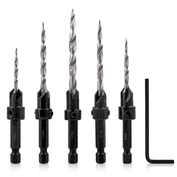 Mesee 5 Piece Countersink Drill Bit Set, High-Speed Steel Drill