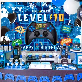 Ushinemi 10th Birthday Decorations for Boys Happy 10th Birthday Banner, 10th Video Game Birthday Decorations Cheers to 10 Years Party Supplies 6 x 3.6ft