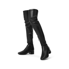 Greatonu Women’s Thigh High Boots Block Heel Over The Knee Boots Long Boots for Women Black PU Leather -1.77 inchs Size 9