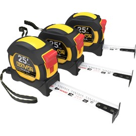 LEXIVON [3-Pack] 25Ft/7.5m DuaLock Tape Measure | 1-Inch Wide Blade with Nylon Coating, Matte Finish White & Yellow Dual Sided Rule Print | Ft/Inch/Fractions/Metric (LX-206X3)