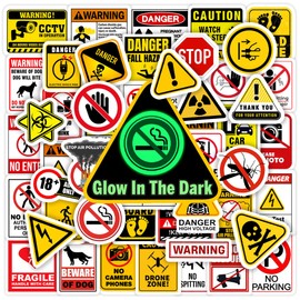 Glow in The Dark Safety Warning Signs Stickers for Water Bottles, 70 Pcs Kids Game Vinyl Waterproof Decals for Laptop, Skateboard Scrapbooking Decor for Teens Girls Boys Adults