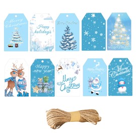 Merry Christmas Wrapping Name Tags with Hemp Rope 100pcs Xmas Santa Claus Snowflake Presents Holiday Blank Hanging Paper Gift Tag for Winter Boxes DIY Crafts (Blue)