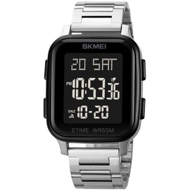 Gosasa Classic Square Face Unisex Mujer Hombre Digital Multifunción Al Aire última intervensión Reloj Casual Cuenta Regresiva 50M Impermeable Luz Led Reloj de pulsera, Acero - Plata Negro, Digital