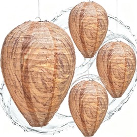 Fake Wasp Nest 4 Pack, Upgraded Waterproof Wasp Nest Decoy Outdoor Hanging, Realistic Artificial Hornet Nests with Stainless Steel Frame for Patio, Porch, Garden, Backyard, Under Eaves