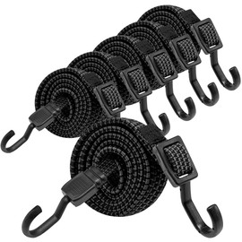 Bungee Cords, Flat Adjustable Bungee Cords with Hooks Heavy Duty 100 cm, Rubber Black Bungee Straps with Metal Buckle Hooks for Outdoor, Camping, Tarps, Bike Rack, Tent, Truck, 6 Pack