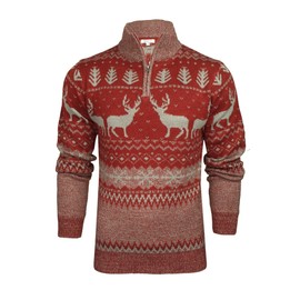 Xact Mens 1/4 Zip Reindeer Xmas/Christmas Jumper (Burgundy/Grey) M