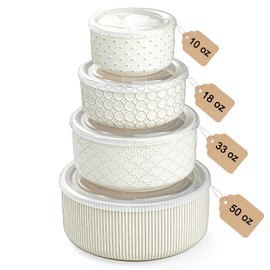 MIKIGEY Mixing Bowls with Lids Set of 4, Ceramic Nesting Bowls, Embossed Mixing Bowl Set for Food Storage, Prep Bowl, Gift, Microwave and Dishwasher Safe, 10/18/33/50 OZ, Off-White