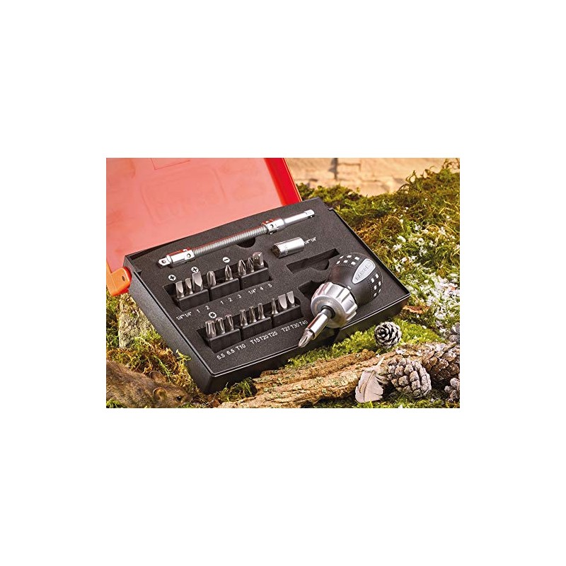 Bahco 22 Piece Stubby Ratchet Screwdriver 1/4" Bit Holder &