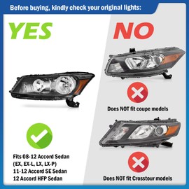 KarSpareHub Headlights for 2008-2012 Honda Accord 4Dr Headlamp Assembly Replacement Left+Right Side with Bulbs, NOT fit coupe models or Crosstour models