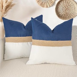 Pack of 2 Navy Blue Jute Rope Textured Patchwork Throw Pillow Covers, 20x20 Inch Soft Boho Neutral Decorative Cushion Cases for Couch, Bed and Living Room, Spring Farmhouse Aesthetic Home Decor