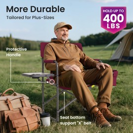 Foristrail Director Camping Chair - 400lbs Heavy Duty with Cooler Bag & Foldable Side Tray, Portable Outdoor Lawn Chair for Backyard/Fishing/Beach (Wine Red)