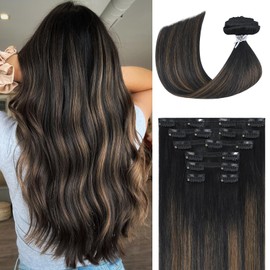 Ukira Balayage Human Hair Clip in Extensions, 14 Inch 120g 7pcs Natural Black to Light Brown Hair Extensions Clip ins, Natural Straight Remy Human Hair Clip in Extensions for Women