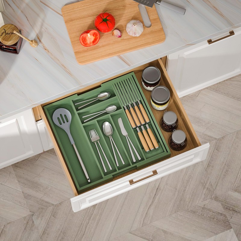 TIOPGHAD Bamboo-Silverware-Drawer-Organizer-Kitchen, Expandable Utensil Holder Cutlery Tray Flatware Organization Adjustable