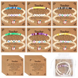 UPINS 6 Sets Teacher Appreciation Bracelets Gifts Set, Wooden Beaded Stretch Bracelets with Thank You Cards for End of The Year Teachers Gifts Christmas Graduation New Year
