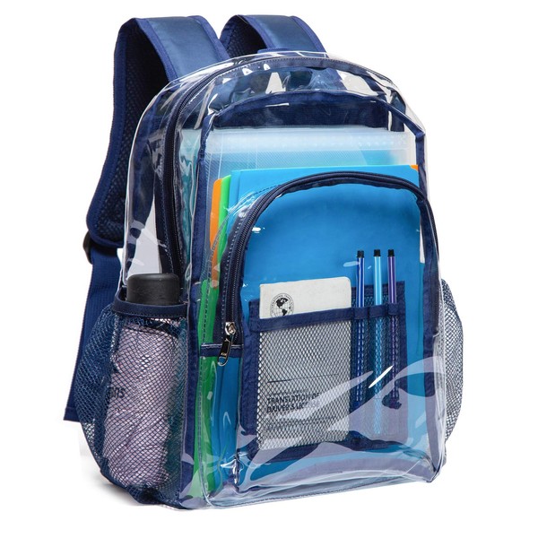 Vorspack Clear Backpack Heavy Duty PVC Transparent Backpack with Reinforced Strap for College Workplace - Navy