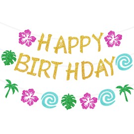 Glittery Gold Tropical Birthday Banner – DIY Luau Party Decorations, Island Adventure Summer Theme, Easy to Assemble Happy Birthday Sign for Girls, Baby Shower, Outdoor Decor