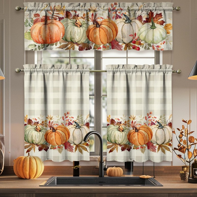 Fall Thanksgiving Kitchen Curtains Valances and Tiers 3 Piece Set,Orange,White,Green,Pumpkin