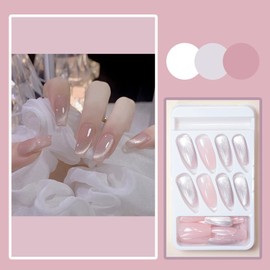Nail Tips Long Fake Nails 24 Pieces Sparkling Glossy 3D Korean Popular Stylish Gel Nails Nail Stickers Cute Long Bridal Nails Handmade Nail Tips Double-Sided Tape Butterfly 3D Fake Nails Wedding