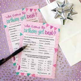 DISTINCTIVS Who Knows The Birthday Girl Best Party Game - 10 Game Cards - Girly Pink and Purple Tween Birthday Party Supplies