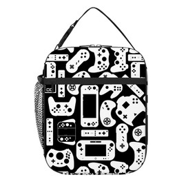 DOINBEE Boys Video Game Lunch Bag for School, Funny Gaming Gamer Game Gamepad Lunch Box, Reusable Black and White Insulated Cooler Lunchbox, Portable Tote Food Meal Bag for Boys Kids Men