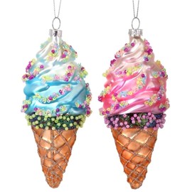 The Bridge Collection 6" Blue and Pink Swirl Ice Cream Cone Ornaments - Set of 2 - Christmas Tree Ornaments - Ice Cream Ornaments - Dessert Ornaments for Christmas Tree