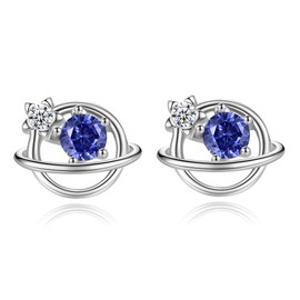 VIKI LYNN 925 Sterling Silver Small Planet Star Earrings for Women with Blue Cubic Zirconia