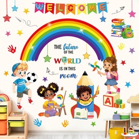 decalmile Rainbow Reading Corner Wall Decals Handprint The Future of The World Inspirational Quotes Wall Stickers Kids Playroom School Library Classroom Wall Decor