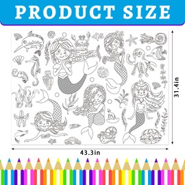Glodecart Mermaid Coloring Tablecloth for Birthday Activities Classroom Decor, Disposable Marine Life Mermaid Paper Coloring Poster for Crafts Kindergarten Party Favors Supplies Decoration 31x43 in