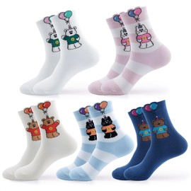 kikiya socks Women Cute Crew | 5 Pairs Cute Animal Character Novelty Graphic Designed Color Bear Rabbit Cat Funny Crazy Face Print Daily Boot Cotton Socks | Womens Ladies Girls Gift | Character D