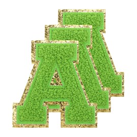 sourcing map Chenille Letters a Patches Large Size 80mm/3.15 Inch Iron-on Letters a Patches Golden Glitter Embroidered Patches for Clothing, Shoes, Hats, Backpacks Pack of 3(Green)