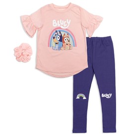 Bluey and Bingo Toddler Girls 3 Piece Outfit Set: T-Shirt Legging Scrunchy Pink 4T