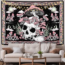 Uspring Mushroom Tapestry Skull Wall Tapestries Skeleton Tapestry Hippie Large Pink Tapestry Leaves Tapestry for Bedroom Aesthetic, Tapestry Wall Hanging for Room (51.2 x 59.1 inches)