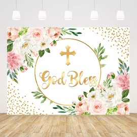 Ticuenicoa 7x5ft Pink Floral God Bless Baptism Backdrop for Girl First Communion Background Gold Glitter Dots Christening Baby Shower Party Decorations Banner Photo Favors