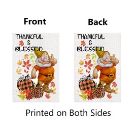 Thankful & Blessed Thanksgiving Fall Garden Flag Gnome Maple Leaves Pumpkins Autumn Harvest Welcome Burlap Flags Yard Outdoor Decor 12.5 X 18 Inch Double Sided