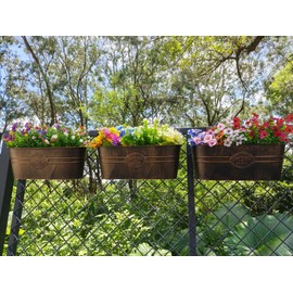 3 Pcs Large Balcony Planters Railing Hanging Flower Pots- 16.2 Inch Metal Railing Planter Box Fence Planters for Outdoor Plants with Detachable Hooks and Drain Holes for Garden Decor (Retro-3pcs)