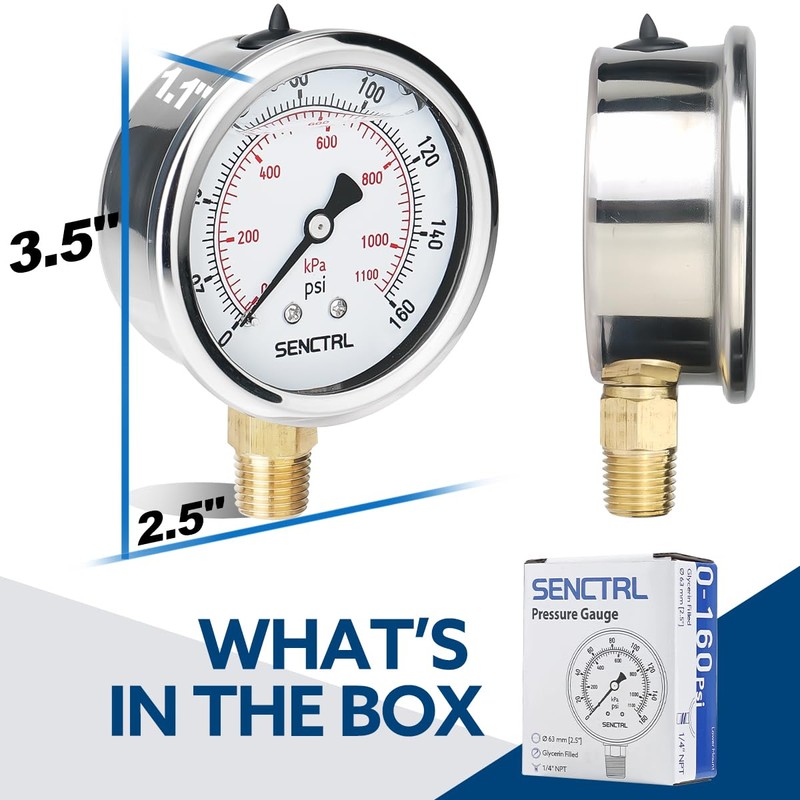 SENCTRL 0-160 Psi Glycerin Liquid Filled Air Pressure Gauge, 2.5"