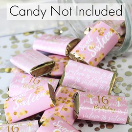 Sweet Sixteen 16th Birthday Mini Candy Bar Wrappers, 45 Stickers (Pink and Gold)