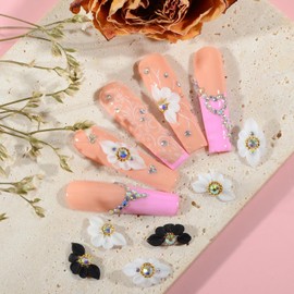 Katfan 6Pcs 3D Flower Nail Art Charms Handmade Acrylic Flower Decals Nail Rhinestones Crystal Nail Supplies for Women Girls DIY Decorations Craft