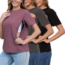 Ecavus Women's 3-Pack Nursing Shirts for Breastfeeding with Hidden Zippers Loose Fit Maternity Tops