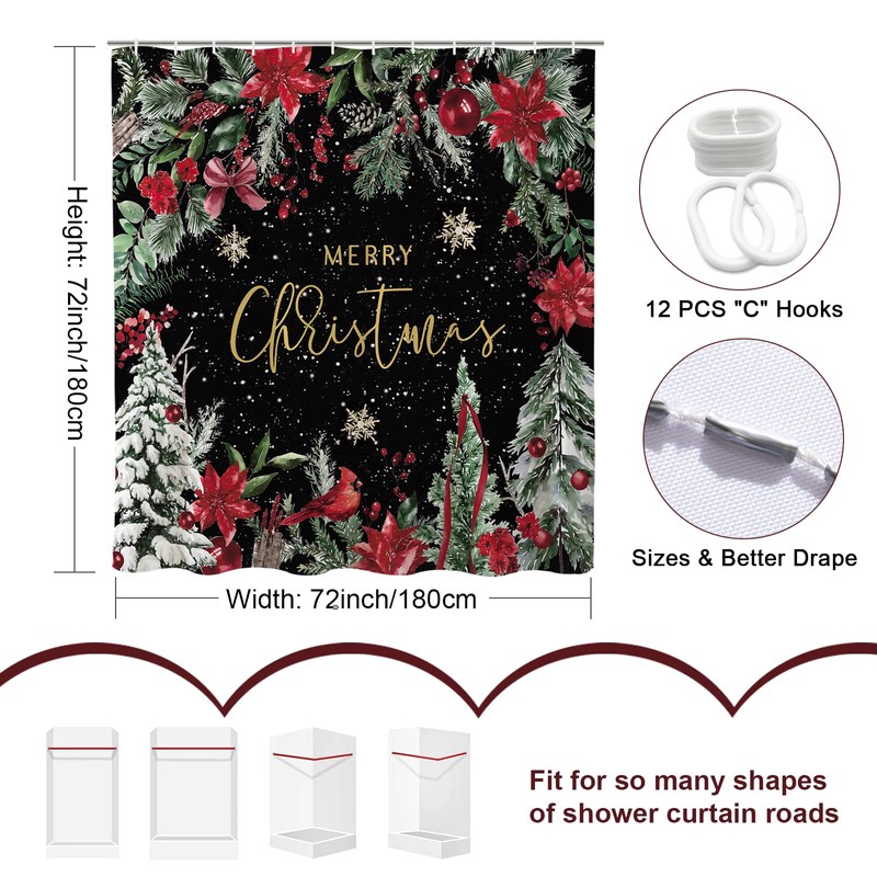 Christmas Poinsettia Shower Curtain Winter Tree 72x72 Inch