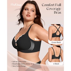 ProKloud Wireless Bras for Women Wave Push Up No Underwire Bra Seamless Full Coverage Support Bralettes with Bra Extender Black