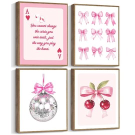 ARTZIO Dorm Girls Vogue Framed Wall Art, Bow Pink Cherry Decor, Disco Ball Preppy Aesthetic, Playing Cards White Bedroom Wall Decor, Set Of 4 8x10 Inches, Ready To Hang