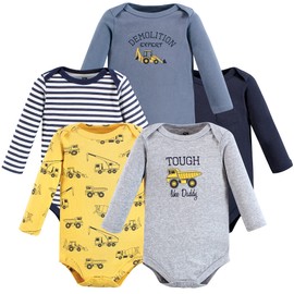 Hudson Baby Unisex Baby Cotton Long-Sleeve Bodysuits Construction 5-Pack, 9-12 Months