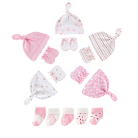 Ruliby Newborn Baby Girl Hats Mittens and Socks Set Hospital Beanie Caps Infant Cotton No Scratch Gloves 0-6 Months